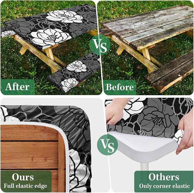 3 Piece Fitted Picnic Table Cover with Bench Covers, 72"x30" Full Elastic Edge Camping Tablecloth, Waterproof Wipeable RV Outdoor Patio Park Camping Essentials with Drawstring Bag (Flower