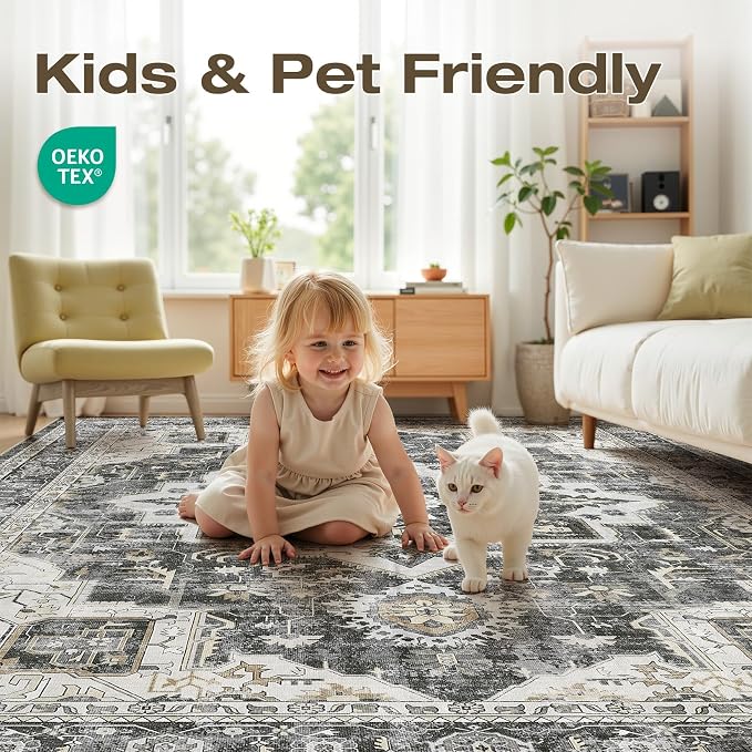 Vintage Washable 6x9 Area Rug for Living Room, Black | Soft Low Pile Rug with Non-Slip Backing, Stain Resistant for Bedroom or Dining Room, Kid & Pet Friendly