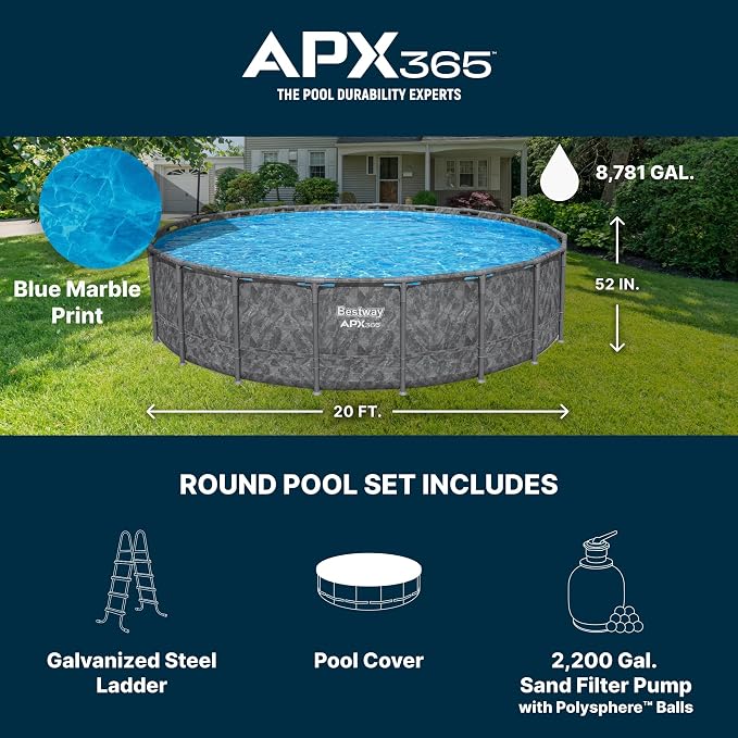 Bestway APX 365 20' x 52" Above Ground Pool Set with Sand Filter Pump | Long-Lasting All-Season Swimming Pool with Galvanized Steel Frame - Ladder, Cover, and Polysphere Filtration Balls Included