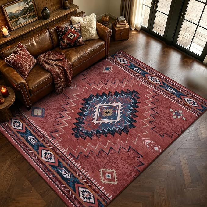 Yinhua 3x5 Entryway Rug Washable, Rust Western Area Rug Low-Pile | Non-Slip Aztec Rugs with Rubber Backing, Ultra Soft Fall Carpet Stain Resistant for Bedside Office Hallway
