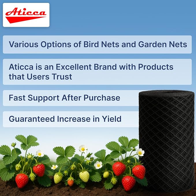 ATICCA Heavy Duty Bird Netting for Garden Protection & Fruit Trees, 25x25 Ft with 10 Stakes – Black Anti-Bird Net for Poultry, Deer, & Squirrel Protection, Durable Mesh for Garden and Yard Use