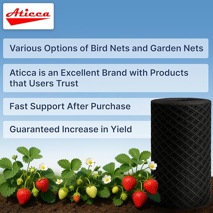 ATICCA Heavy Duty Bird Netting for Garden Protection & Fruit Trees, 15x15 Ft with 10 Stakes – Black Anti-Bird Net for Poultry, Deer, & Squirrel Protection, Durable Mesh for Garden and Yard Use
