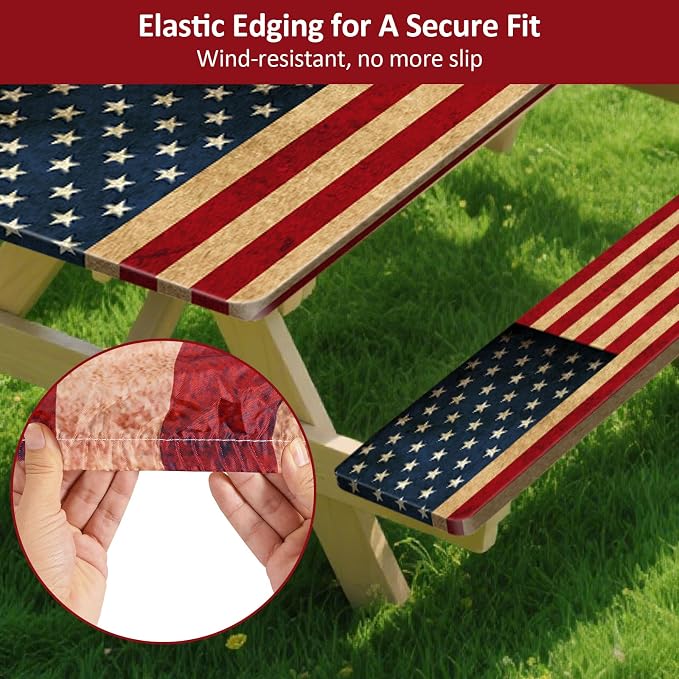 Picnic Table Cover with Bench Covers 6FT 3PCS, Camping Essentials Waterproof Windproof Tablecloth with Drawstring Bag, Fitted Rectangle Tables and Seats, 72", US Flag