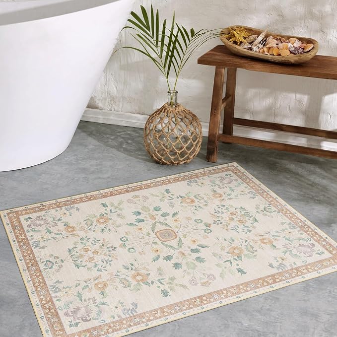 Small Rug Washable 2x3 Area Rugs Non Slip Ultra-Thin Floral | Throw Carpet for Bathroom Entryway Entry Entrance Bedroom Bedside Kitchen Floor Indoor Low Pile Boho Vintage Beige