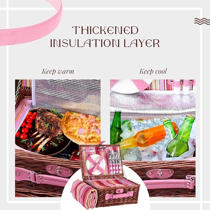 Picnic Basket Set for 4 with Waterproof Blanket Mat Insulation Bag Wicker Pink Stripe Classic Fresh Gift for Christmas Thanksgiving Wedding Birthday Camp Outdoor Beach Travel