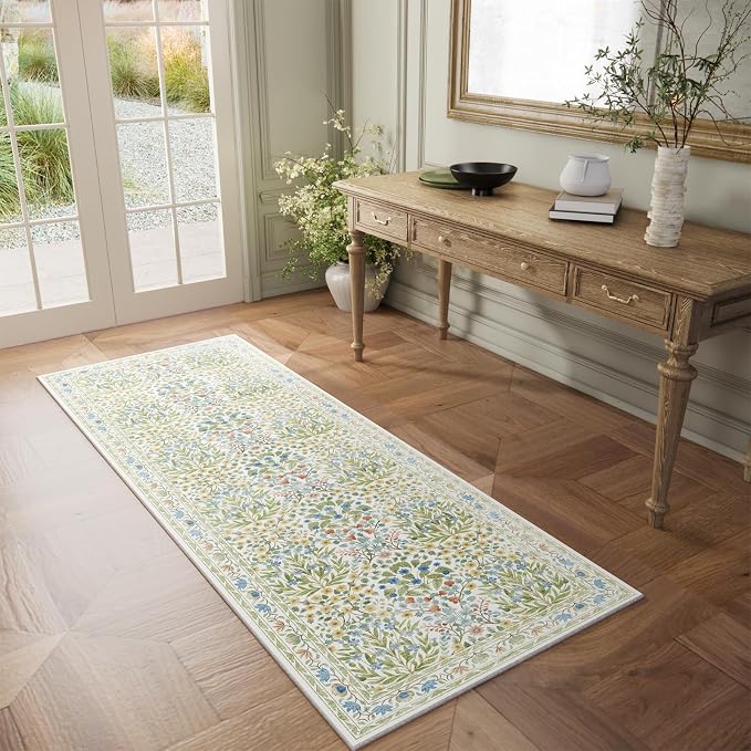 Non-Slip Bathroom Runner Rug 2x6 Feet, Washable Long Kitchen Hallway Laundry Mat, Beige Green Vintage Floral Design