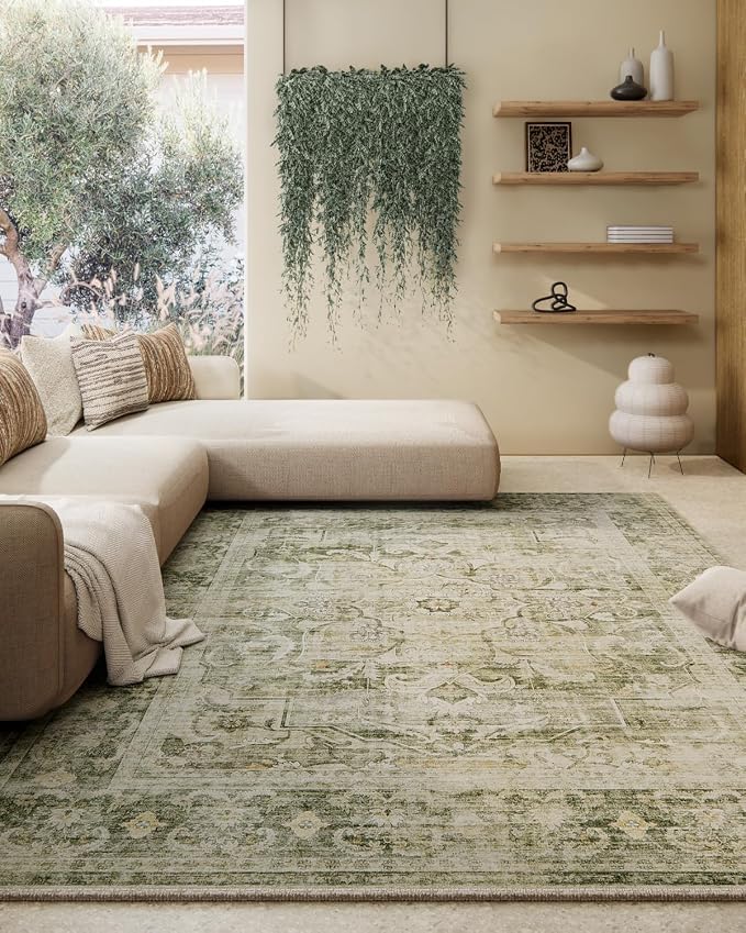Machine Washable Living Room Rug: 5x7 Area Rugs for Bedroom Non Slip Low Pile Soft Faux Wool Non Shedding Vintage Boho Carpet Rugs for Dining Room Kitchen Entryway Nursery Farmhouse Home Office Indoor