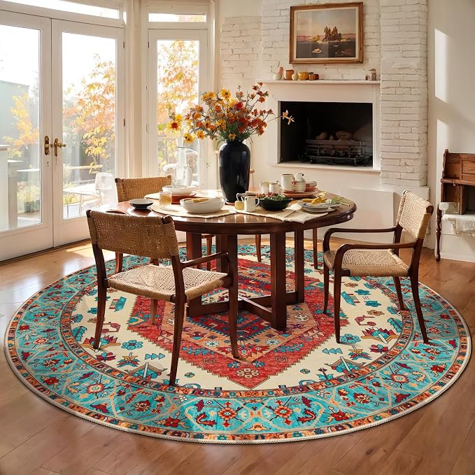 SERISSA 5ft Washable Non Slip Round Boho Area Rug for Bedroom，Orange | Ultra Soft Vintage Oriental Carpet Low-Pile Tribal Circular Indoor Mat for Entryway Kids Room College Dorm Living Room
