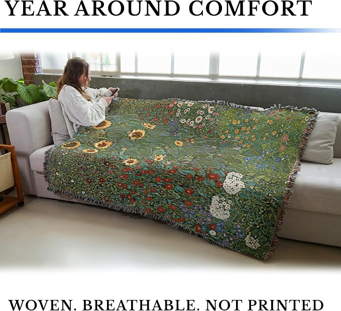 Pure Country Weavers Farm Garden with Sunflowers Blanket by Gustav Klimt - Fine Art Gift Tapestry Throw Woven from Cotton - Made in the USA (72x54)