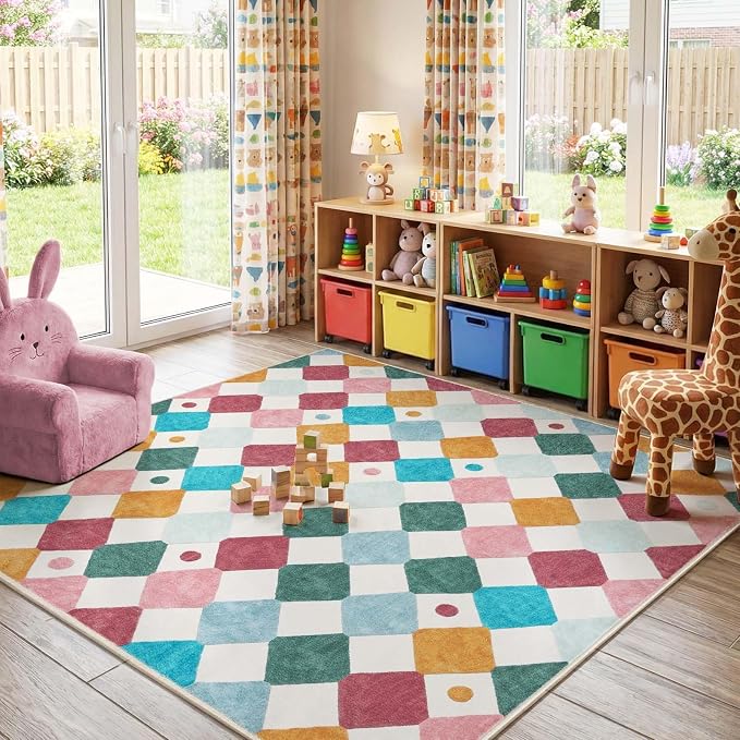 jinchan 6x6 Square Rug Washable Kids Playroom Rug Colorful Playmat Confetti | Soft, Non-Slip, Cute, Kid-Friendly, Checkered Diamond, Nursery, Bedroom, Classroom, Living Room, Daycare, Cream Background
