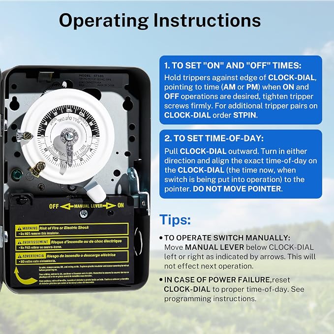 T101 24-Hour Mechanical Timer, 40A 120VAC SPST, 12 On/Off Operations, Indoor Use Only, for Commercial Refrigeration Defrost, Lighting, Fans, Pool Pumps, Irrigation Systems, Water Heater Timing Control