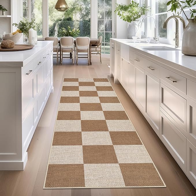 GarveeHome Easy Jute Rugs 2x8 Checkered Kitchen Runner Rugs Non Skid Washable Stain Resistant Indoor Outdoor Rugs for Living Room, Bedroom, Dining, Patio - Farmhouse Style Brown