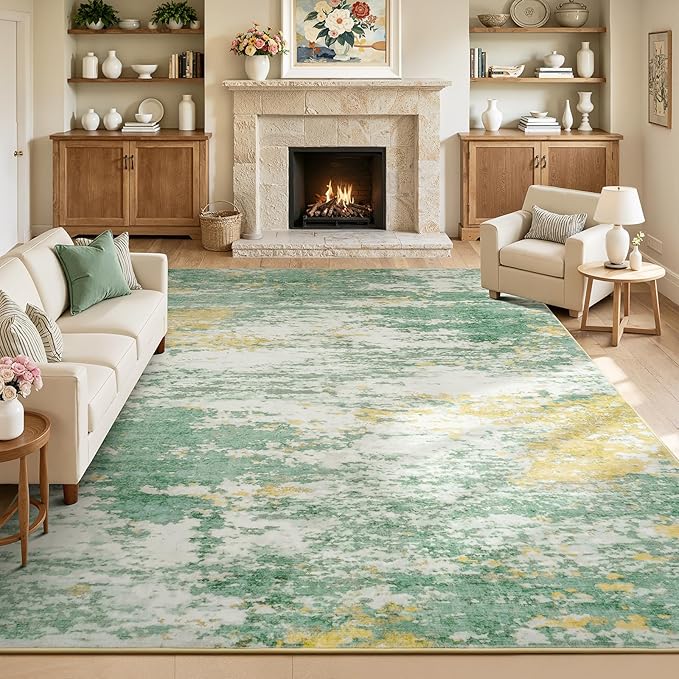 8x10 Area Rug for Living Room, Abstract Washable Large Rugs, Light Green | Soft Neutral Carpet for Bedroom, Dining Room, Home Office Nursery Indoor, Stain Resistant,Non-Slip, Low Pile, Modern Rug