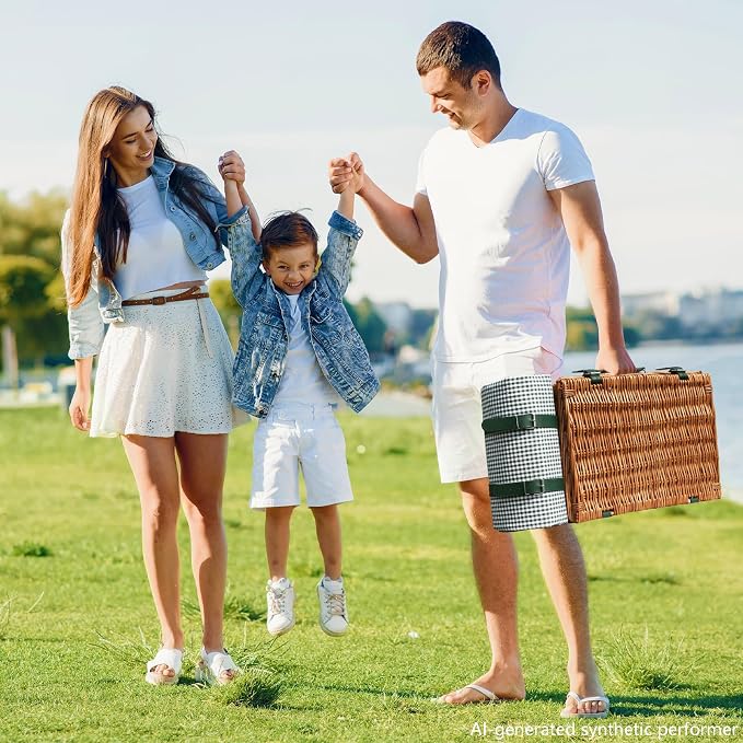 Picnic Basket Set for 4 with Waterproof Blanket Mat Insulation Bag Wicker Green Plaid Classic Cottagecore Gift for Christmas Thanksgiving Wedding Birthday Camp Outdoor Beach Travel