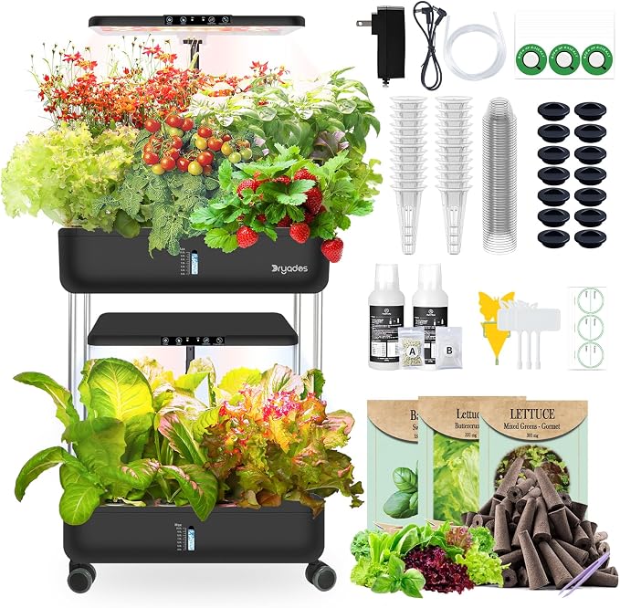 Large Hydroponics Growing System Kit,44-Pod with 3 Seed Packs | Includes Basil, Buttercrunch Lettuce & Gourmet Salad Mix seeds; 2-Tier, independent tanks and full-spectrum lights.