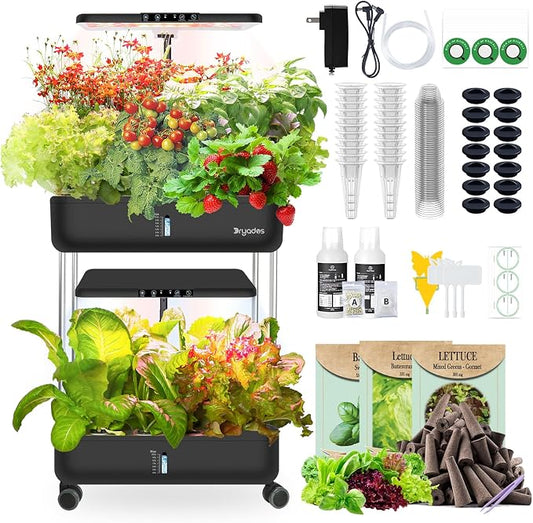 Large Hydroponics Growing System Kit,44-Pod with 3 Seed Packs | Includes Basil, Buttercrunch Lettuce & Gourmet Salad Mix seeds; 2-Tier, independent tanks and full-spectrum lights.