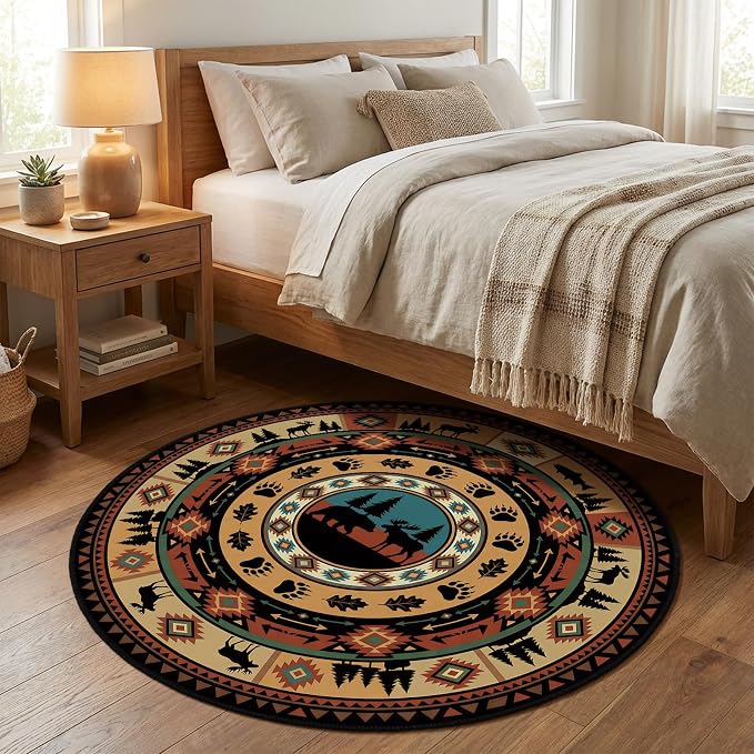 3ft Round Southwestern Tribal Area Rug Rustic Cabin Rug Lodge Decor | Secure non-slip backing and stain-resistant finish for effortless maintenance in any mountain-inspired space.