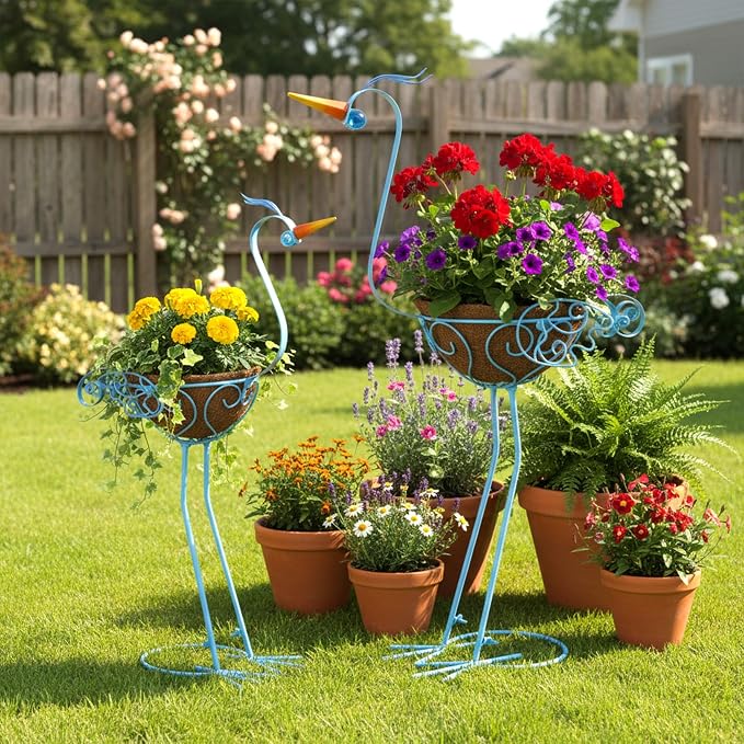 Pelican Metal Flowers Plant Holders Stand with Coconut Pots 2 Sets | Manortang Plants Stand Flower Pots Outdoor, Room Home Living Room Front Outdoor Patio Decor, Gardening Decoration Gifts