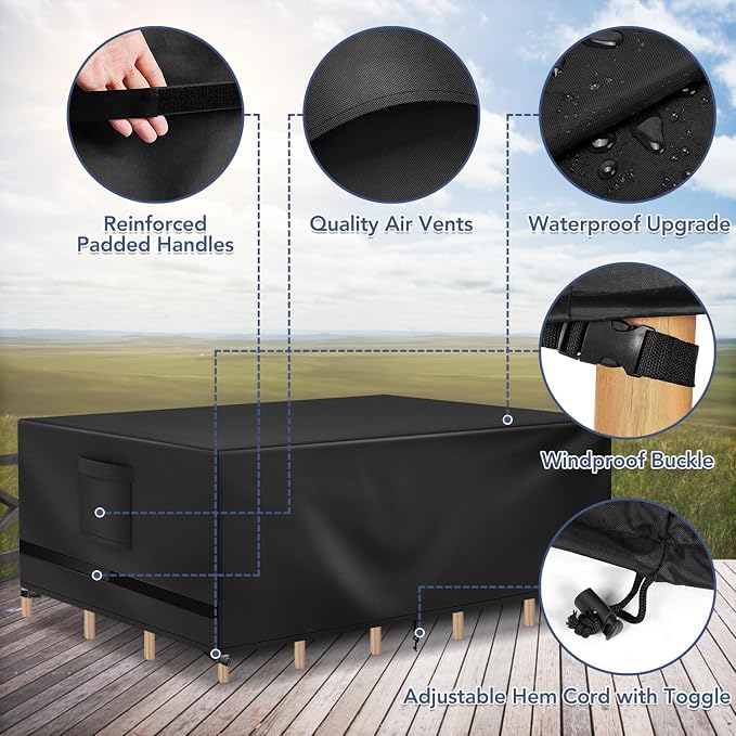 Richwon Patio Furniture Covers, Outdoor Table Covers, Waterproof Rectangle, Heavy Duty, 128"L x 84"W x 28"H, Black