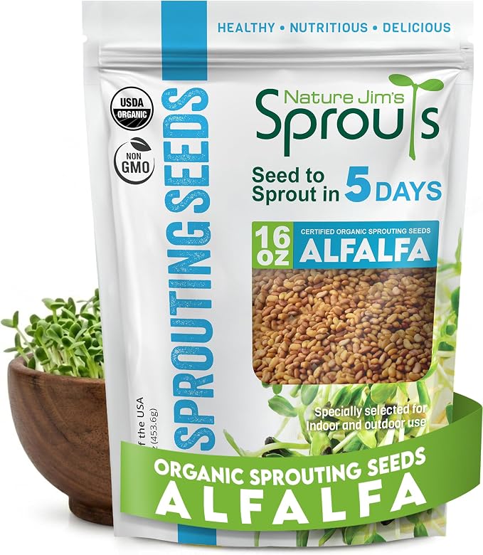 Nature Jims Sprouts Alfalfa Seeds – Non-GMO Organic Sprout for Growing & Planting – Premium Resealable Bag for Fresh Homegrown Sprouting Seeds – Rich in Nutrients, Vitamins, Fiber & Minerals – 16oz