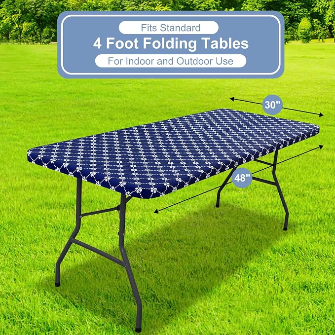 misaya Rectangle Vinyl Table Cloth, Elastic Fitted Tablecloth with Flannel Backing, Waterproof Plastic Table Cover Fits 4 Foot Folding Tables for Picnic, Camping, Indoor and Outdoor (Navy, 30" x 48")