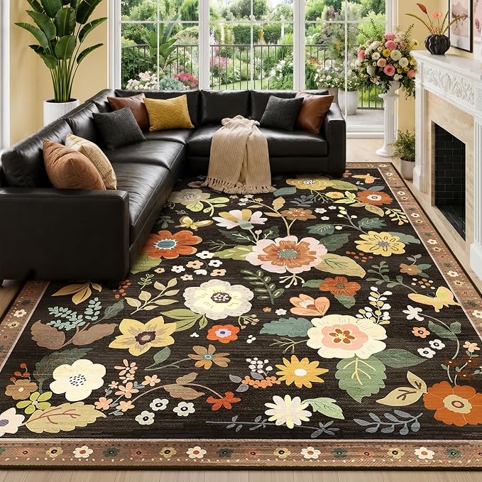 RELEANY Floral Washable 9x12 Area Rugs Black/Yellow | Flower Carpet, Print, Boho, Non-Slip, Easy to Clean, Soft, Low Pile for Living Room Bedroom Kitchen Office Entryway Hallway