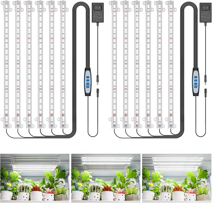 Wiaxulay 16in Grow Light Strip for Indoor Plants Seed Starting, 2 Pack | 6 Bars with 360 LEDs Full Spectrum Plant Lights, Auto Timer 6/12/16 Hrs, 3 Lighting Modes, 5 Dimmable Levels