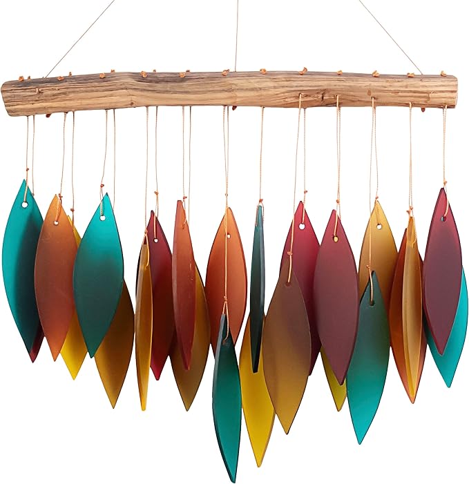Blue Handworks Santa Fe Glass Leaves Wind Chime | Sandblasted Glass and Found Wood Handcrafted Wind Chime