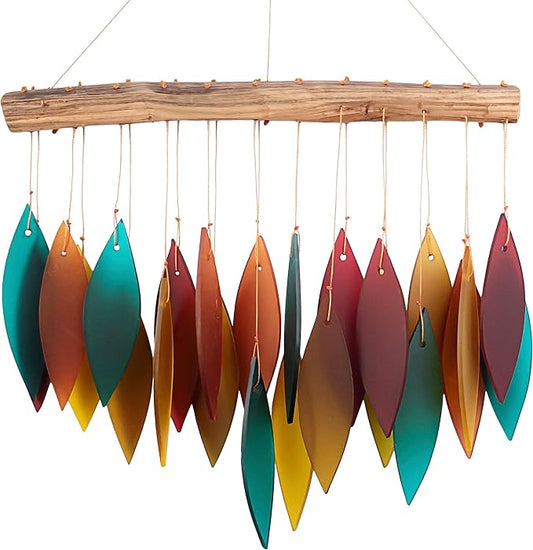Blue Handworks Santa Fe Glass Leaves Wind Chime | Sandblasted Glass and Found Wood Handcrafted Wind Chime