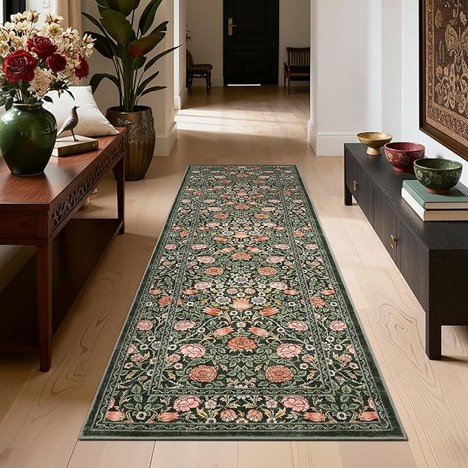 GarveeHome Dark Green Floral 2x6 Kitchen Runner Rug for Hallways | Washable Entryway Bedroom Bathroom Dorm Rug Vintage Boho Rugs Low-Pile Non-Slip Stain Resistant TPE Backing