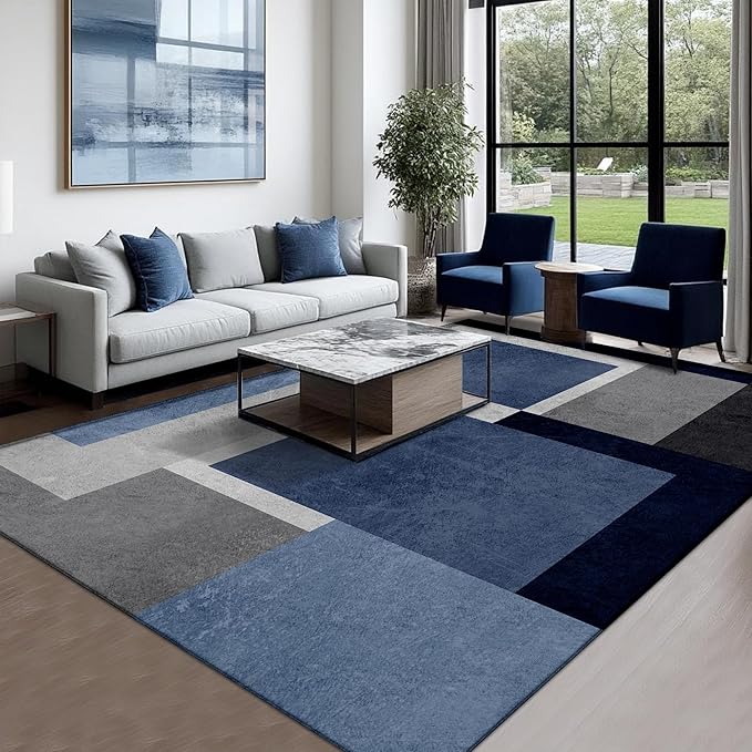 Washable Low-Profile Geometric Area Rug, 0.2 inch Thin Abstract Rug Design for Living Room & Bedroom Decor, 6x9 ft Blue Grey Modern Non-Slip Floor Rug