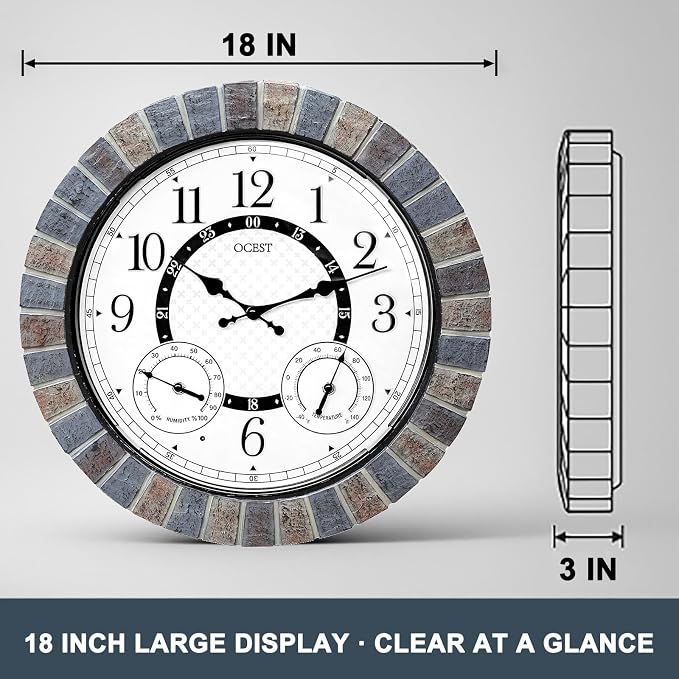 OCEST 18 Inch Large Outdoor Clock Waterproof Thermometer Hygrometer Combo Night Light Illuminated Wall Clocks Battery Operated Silent Non-Ticking Ideal Patio Clock for Garden Pool Porch Yard Garage