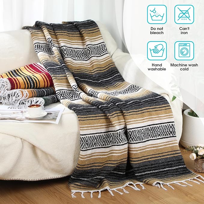Oudain 4 Pack Mexican Blankets 45 x 70 Inch Woven Serape Throw Blanket, Baja Yoga Blanket for Beach Picnic Camping Boho Couch Decor Travel Outdoor (Fall Color)