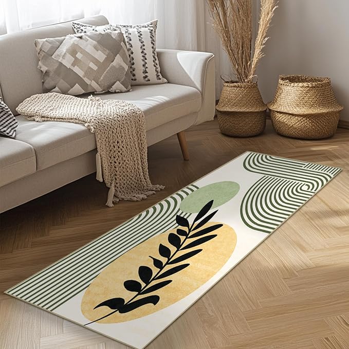 Green Boho Rug 2x6 Hallway Runner Rugs Mid Century Modern Rugs | Washable Geometric Tropical Leave Rug Low Pile Non-Slip Abstract Long Carpet for Kitchen Bedroom Doorway Bathroom Laundry