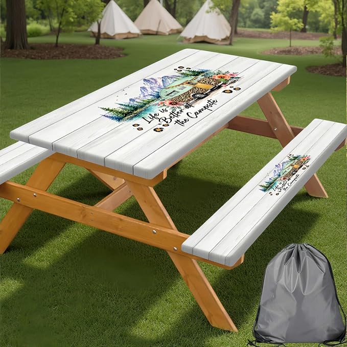 Picnic Table Cover with Bench Covers, Camper Floral Waterproof Windproof, Fitted Tablecloth with Elastic Edge, Camping Accessories Essentials for Backyard BBQ RV Trip Picnic Outdoor Party, 30X60 inch
