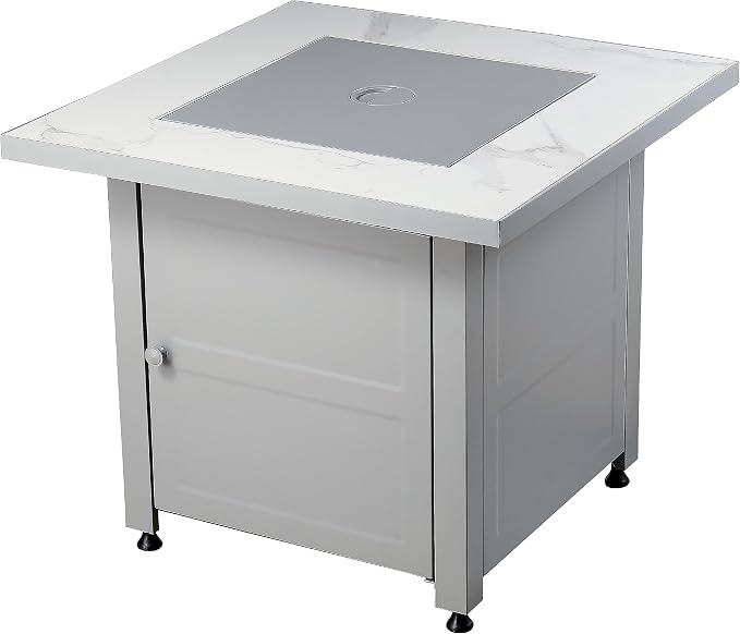 Endless Summer 30" Square Outdoor Propane Fire Pit Table with Marble Mantel | Includes White Fire Glass and Protective Cover