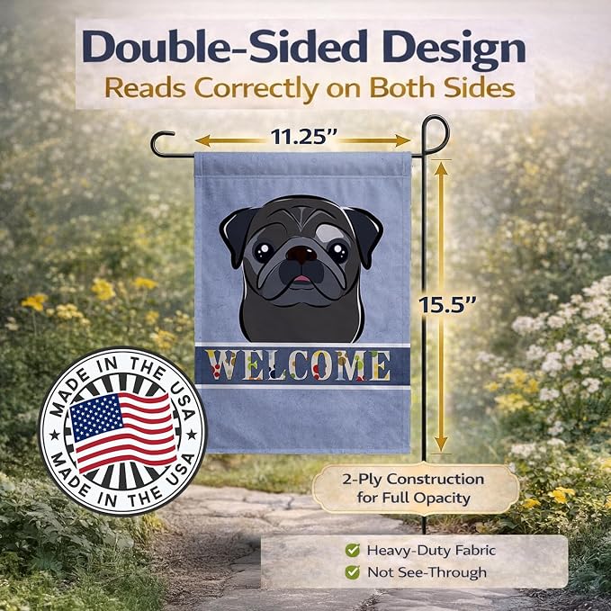Caroline's Treasures BB1449GF Black Pug Welcome Garden Flag, Blue Mailbox Flag Decorative Yard Flag Banner Outside Patio Artwork Yard Flower Beds, Garden Size, Multicolor
