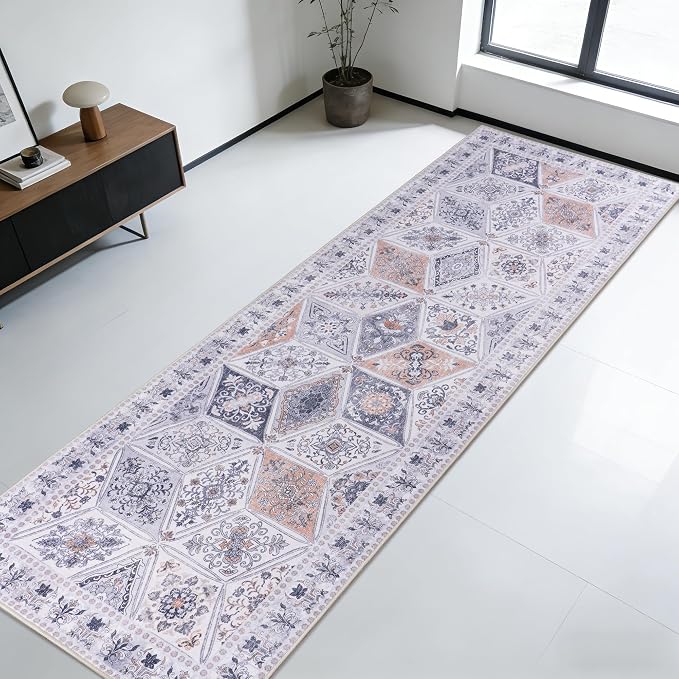 Moroccan Vintage Distressed Boho Floral Geometric 2x6 Runner Rug | Washable Non Slip Throw Floor Long Carpet Runner for Hallway Entryway Kitchen Bathroom Bedroom Livingroom Light Grey