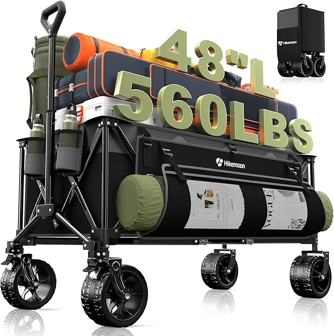 Hikemoon 300L Extra Large Wagons Carts Foldable, 560LBS Heavy Duty Collapsible Beach Wagon 48" Long with Big All-Terrain Wheels, Utility Folding Cart for Camping, Grocery, Sports, Garden, Grey & Black