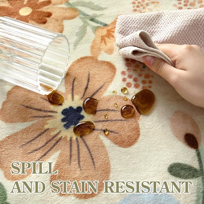 Lahome Floral Washable Round Area Rug, Soft Round Rugs 6ft Ultra-Thin | Non-Slip Boho Large Circle Carpet for Bedroom Living Room Kitchen Nursery Flore, Beige