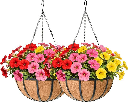 12 Inch Black Flat Iron Metal Hanging Planter Basket with Coco Coir Liner(2 Pack) Hanging Planters for Outdoor Plants Hanging Baskets for Plants Flower Pots for Deck Patio Porch Garden Balcony