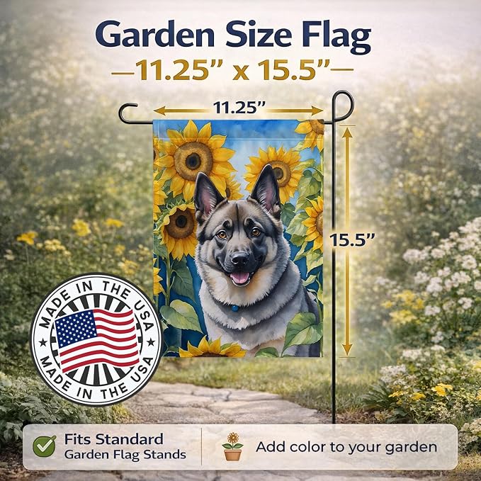 Caroline's Treasures DAC6126GF Norwegian Elkhound in Sunflowers Garden Flag Mailbox Flag Decorative Yard Flag Banner Outside Patio Artwork Yard Flower Beds, Garden Size, Multicolor