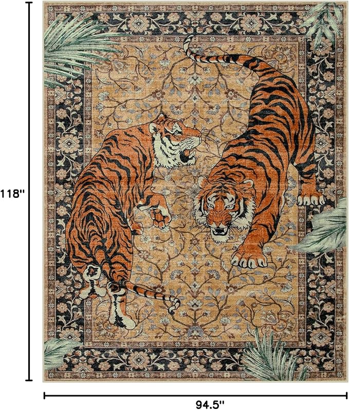 Moynesa Tiger 8x10 Area Rug, Washable Boho Rugs for Living Room, Vintage Large Soft Dining Room Rug, Non Slip Ultra Thin Stain Resistant Floor Carpet for Home Office Bedroom, Camel