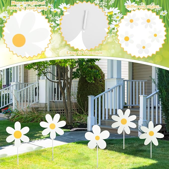 5 Pcs Daisy Yard Decorations Outdoor Metal Summer Daisy Yard Signs with Stakes Groovy Boho Flower Decorative Lawn Signs for Indoor Outdoor Garden Pathway Walkway Summer Holiday Party Decor
