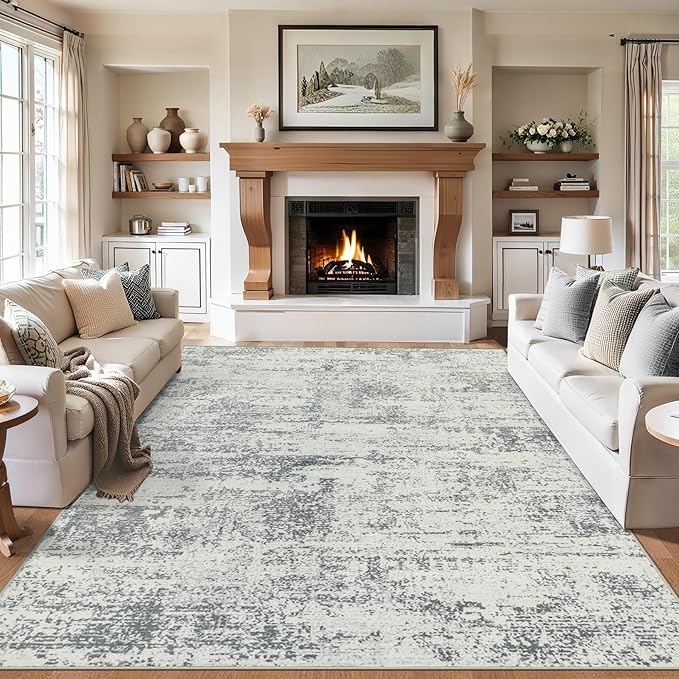 PLHXFR 9x12 Area Rug Living Room: Modern Abstract Washable Carpet Grey | For Bedroom Dining Room Farmhouse Nursery Home,Machine washable,Non Slip,Large Soft Neutral,Stain Resistant, Indoor Floor
