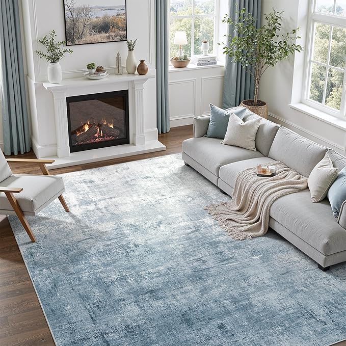 DCX Washable Abstract Area Rug 6x9, Non Slip Low Pile Rug, Blue | Easy to clean, non-shedding, soft, kid & pet friendly, with a non-slip rubber backing for living rooms, bedrooms, and offices