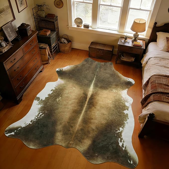 Washable Non Slip Cowhide Rug 4x5 Brindle and White, Faux Animal Skin Area Rugs for Bedroom, Western Rustic Farmhouse Aesthetic Decor Carpet with TPR Backing for Home Office