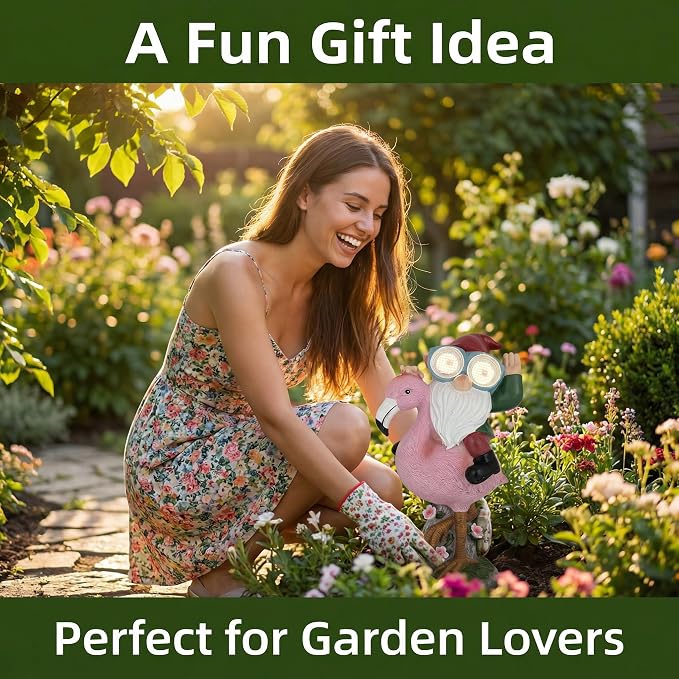 iStatue Solar Flamingo Gnome Garden Statue with Blinking LED Goggles, Funny Solar Garden Decor Outdoor Lawn Ornament Unique Birthday Gifts for Mom Women Dad Men (Multicolor)
