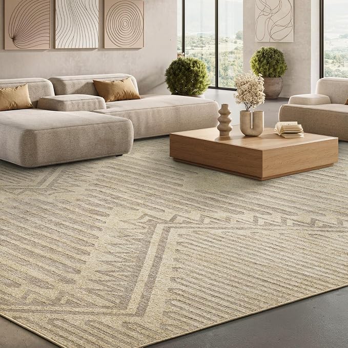 Boho Beige 6x9 Area Rugs Textured Tufted Rugs for Living Room Bedroom Nursery Rug-Carpet Washable Brown Neutral Modern Aztec Rug