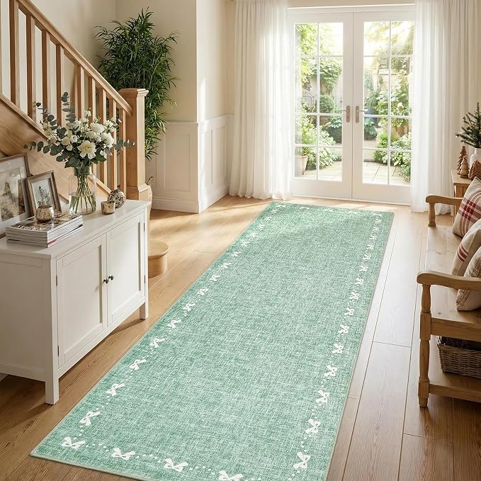 COZYLOOM Hallway Runner Rug 2x6 Bow Bordered Rug for Bedroom, Modern Solid Color Machine Washable Area Rugs Non Slip Stain Resistant Soft Carpet for Kitchen, Entryway, Bathroom, Green